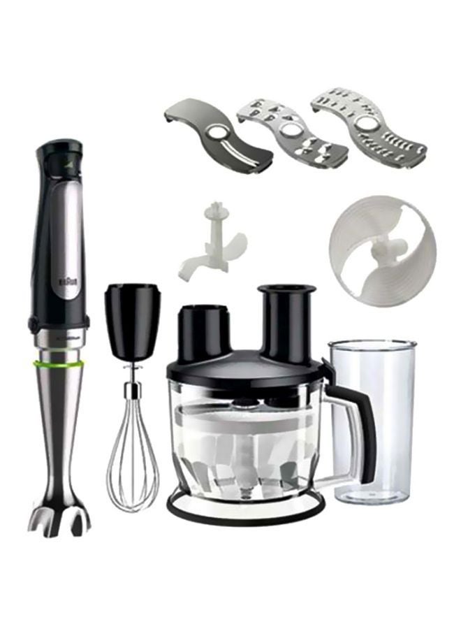 Multi Quick 7, 1.5L Food Processor, 0.600L Beaker, Whisk, Stainless Steel Shaft, Splash Control, MQ7075X Black/Silver/Clear