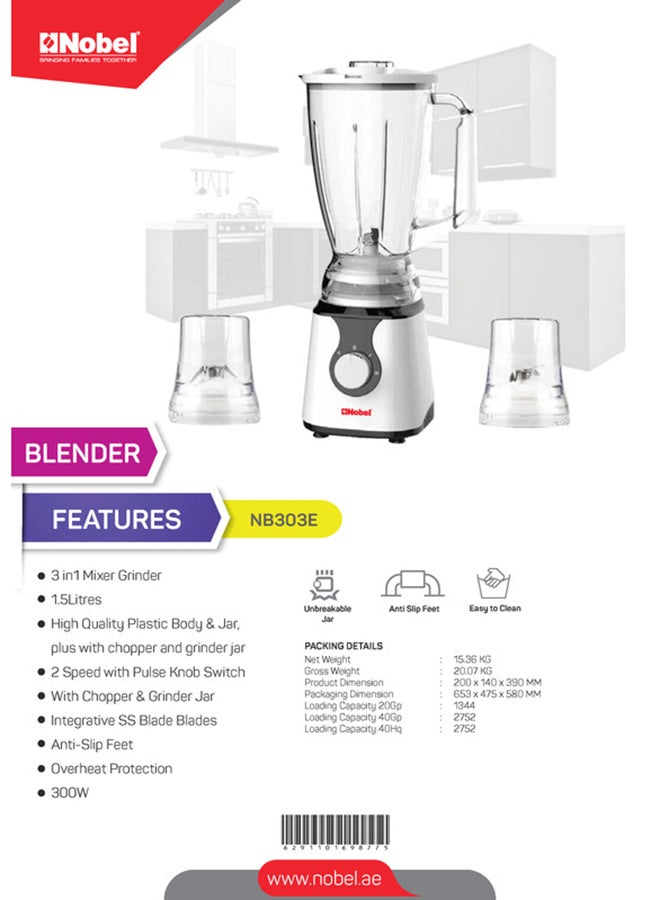 3 in 1 Blender Table Top 1.5 Litres Jar 300W 2 Speed with Pulse Knob, Chopper & Grinder Jar 1.5 L 300 W NB303E Silver & Black