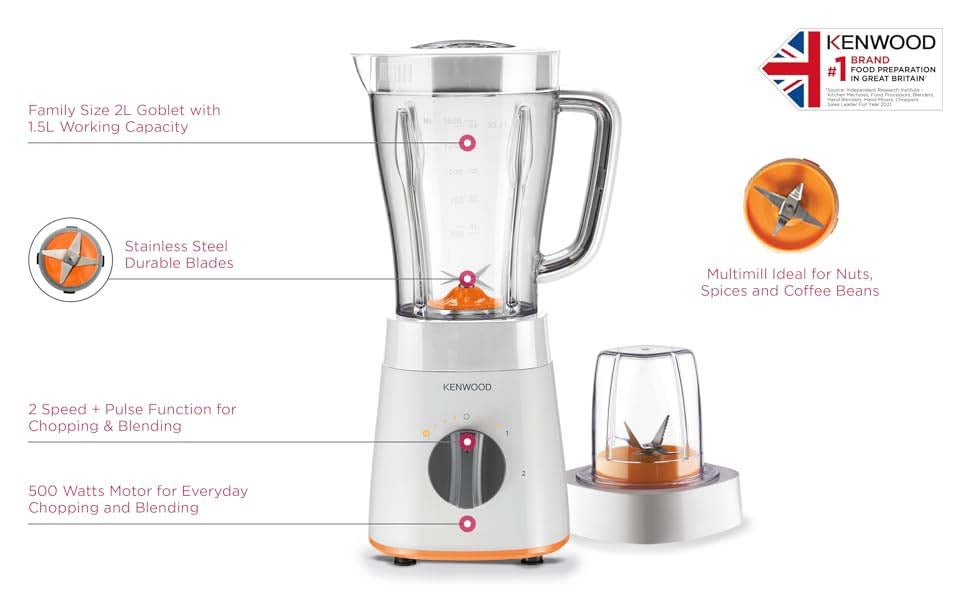 Blender, Ice Crush Function, Multi Mill, Grinder, 2 Speeds, 2 L 500 W BLP15.150WH00C057611KEAS White/Clear