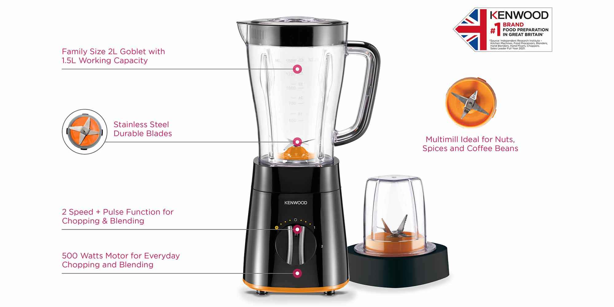 Blender/Smoothie Maker 1.5L With Multi Mill (Grinder/Chopper), Ice Crush Function 2 L 500 W BLP15.150BK Black