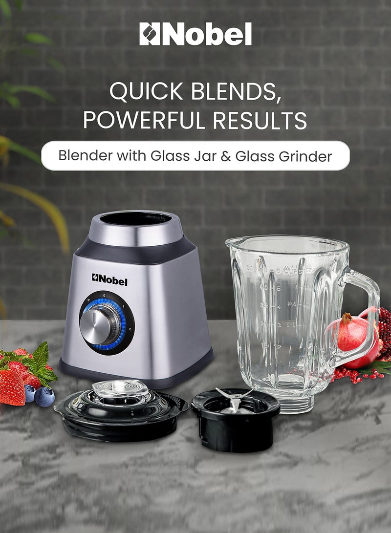 2 in 1 Blender 1.5 Litres Jar 400W Motor Power, 2 Speeds with Pulse Function Blender with Glass Jar & Glass Grinder, LED Light 1.5 L 400 W NB515CR Silver & Black