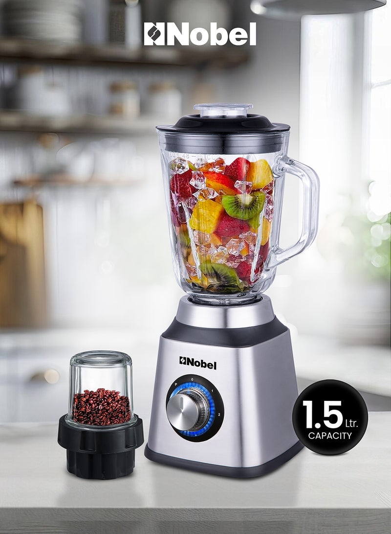 2 in 1 Blender 1.5 Litres Jar 400W Motor Power, 2 Speeds with Pulse Function Blender with Glass Jar & Glass Grinder, LED Light 1.5 L 400 W NB515CR Silver & Black