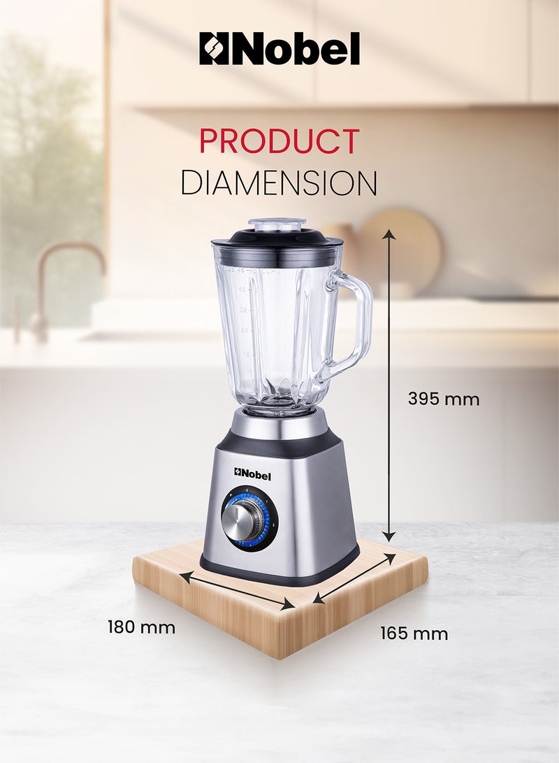 2 in 1 Blender 1.5 Litres Jar 400W Motor Power, 2 Speeds with Pulse Function Blender with Glass Jar & Glass Grinder, LED Light 1.5 L 400 W NB515CR Silver & Black