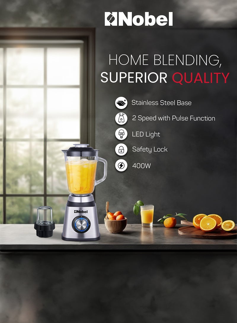 2 in 1 Blender 1.5 Litres Jar 400W Motor Power, 2 Speeds with Pulse Function Blender with Glass Jar & Glass Grinder, LED Light 1.5 L 400 W NB515CR Silver & Black