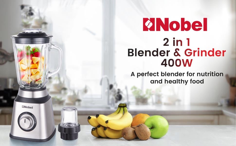 2 in 1 Blender 1.5 Litres Jar 400W Motor Power, 2 Speeds with Pulse Function Blender with Glass Jar & Glass Grinder, LED Light 1.5 L 400 W NB515CR Silver & Black