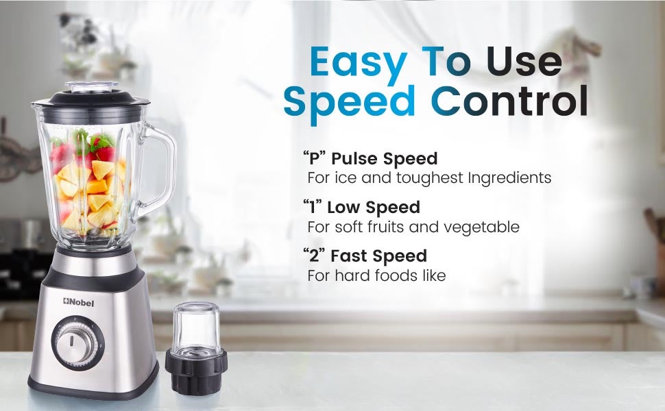 2 in 1 Blender 1.5 Litres Jar 400W Motor Power, 2 Speeds with Pulse Function Blender with Glass Jar & Glass Grinder, LED Light 1.5 L 400 W NB515CR Silver & Black