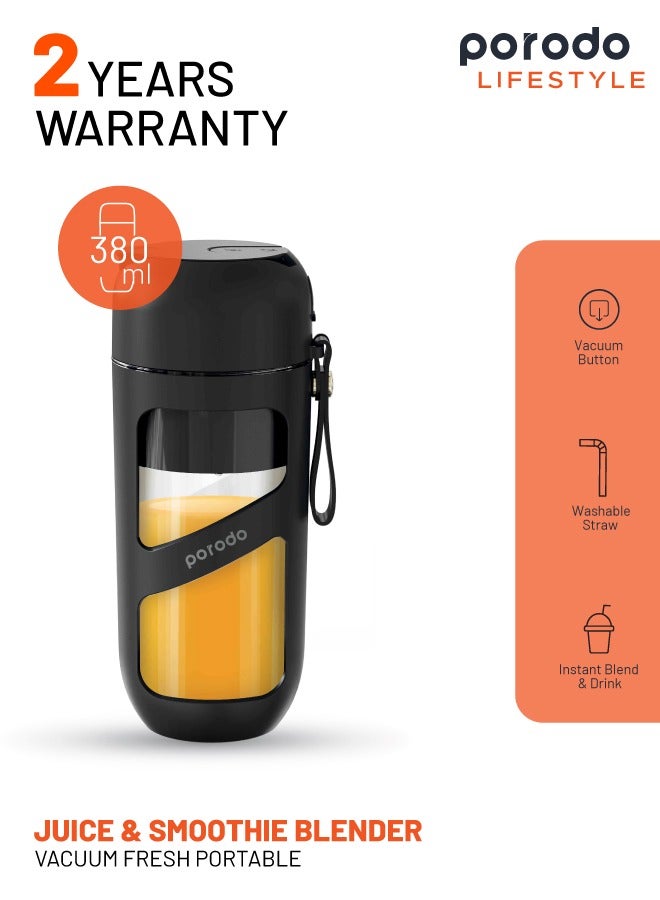 Vacuum Fresh Portable Juicer & Smoothie Blender 380ml Capacity, 1500mAh Built-in Battery, 18000 RPM Motor Speed, 3 Hours Charging Time, 10 Cups Full Charge Porodo LifeStyle - Black