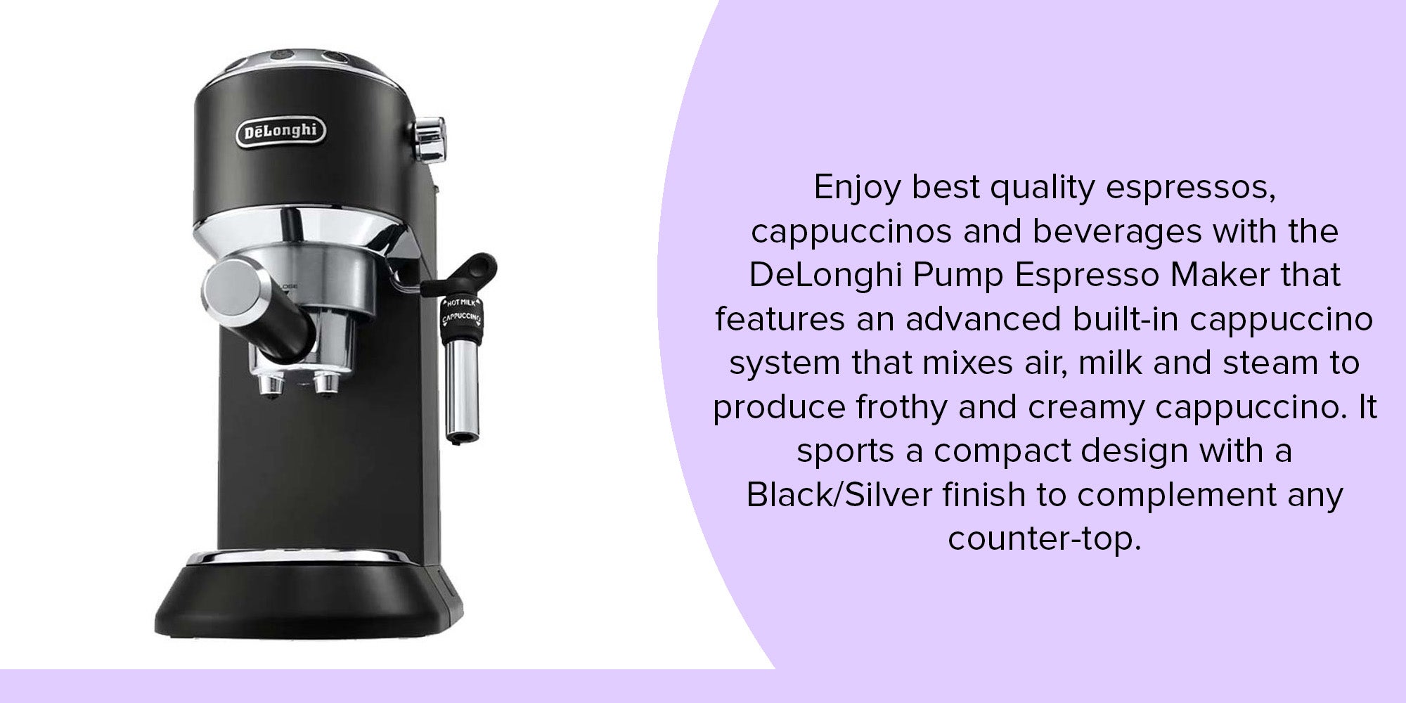 Dedica Pump Espresso Manual Coffee Machine | Cappuccino, Latte Macchiato With Milk Frother | Thermo Block Heating System For Accurate Temperature | Easy To Clean | 1.1 L 1350 W EC685.BK Black/Silver