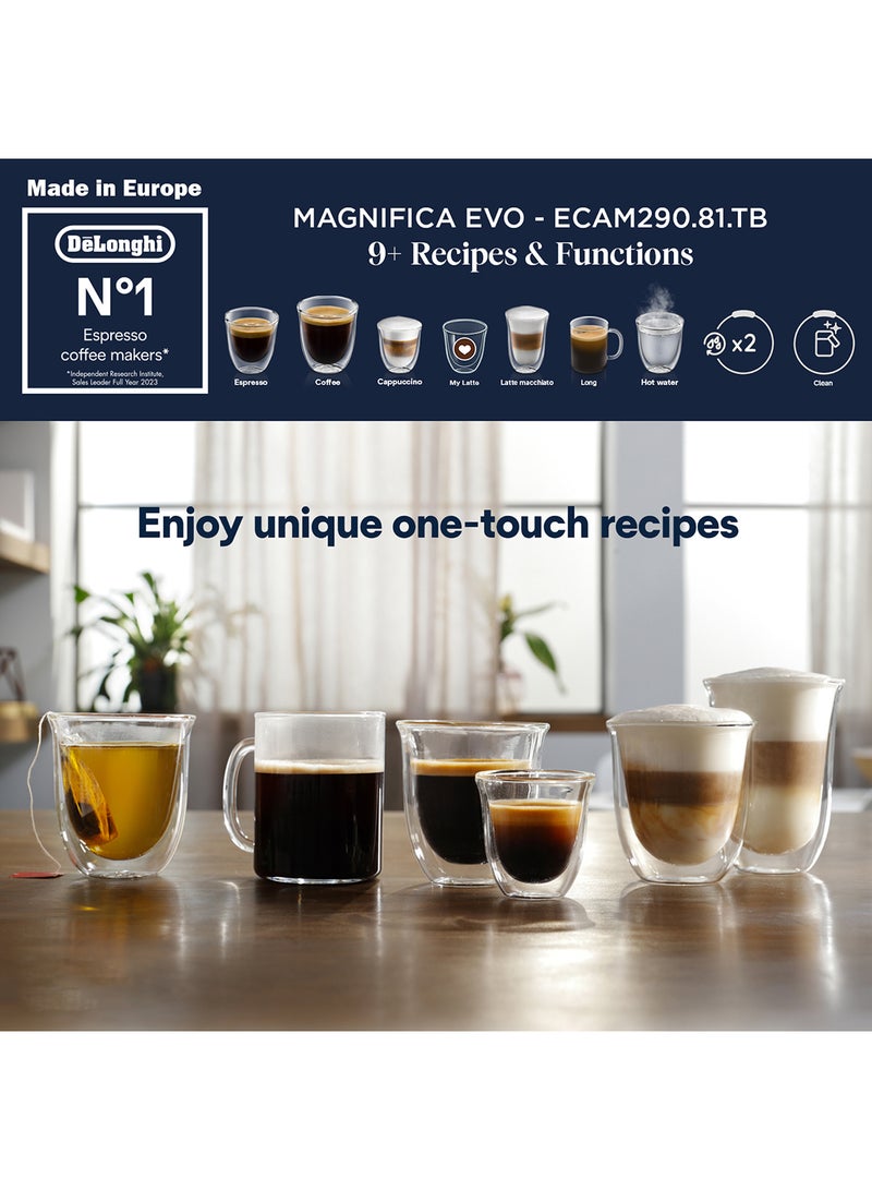 Coffee Machine MAGNIFICA EVO Fully Automatic Bean to Cup Coffee Machine, 9+ Functions, Ideal for Espresso, Americano, Cappuccino, Latte, Macchiato & Many More Coffee Recipes 1450 W ECAM290.81.TB Black