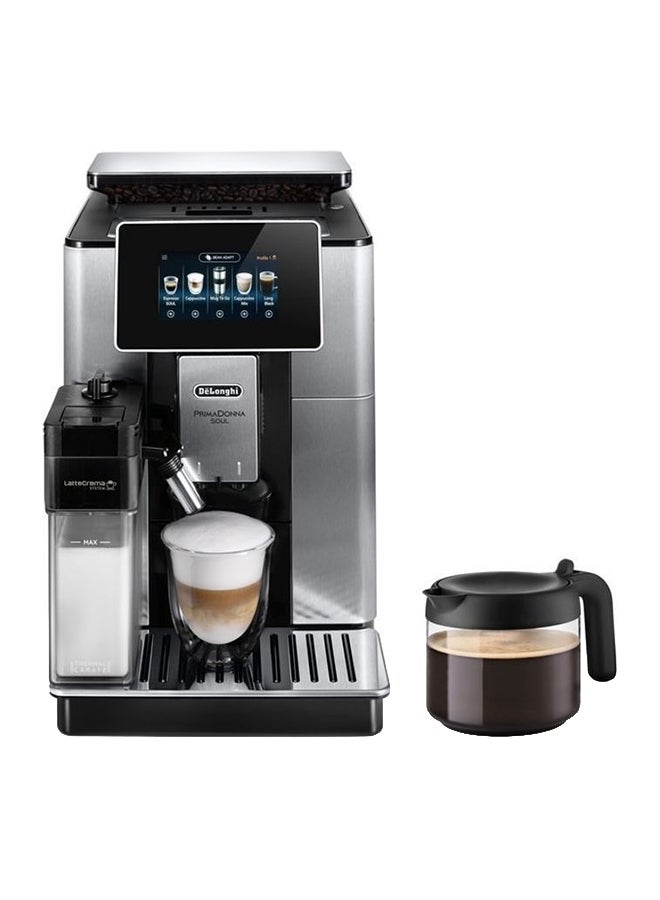 PrimaDonna Soul, 19 Bar, Digital Display, Fully Automatic Coffee Machine, Automatic Milk Frother, Built In Grinder, 2 L 1450 W ECAM610.75.MB Silver