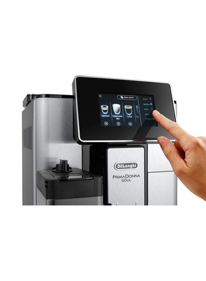 PrimaDonna Soul, 19 Bar, Digital Display, Fully Automatic Coffee Machine, Automatic Milk Frother, Built In Grinder, 2 L 1450 W ECAM610.75.MB Silver