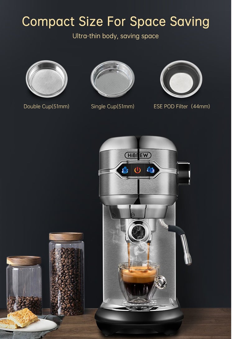 HiBREW Coffee Maker Cafetera  Inox Semi Automatic Super Slim ESE POD& Powder Espresso Cappuccino Machine 1450W H11-UK-N