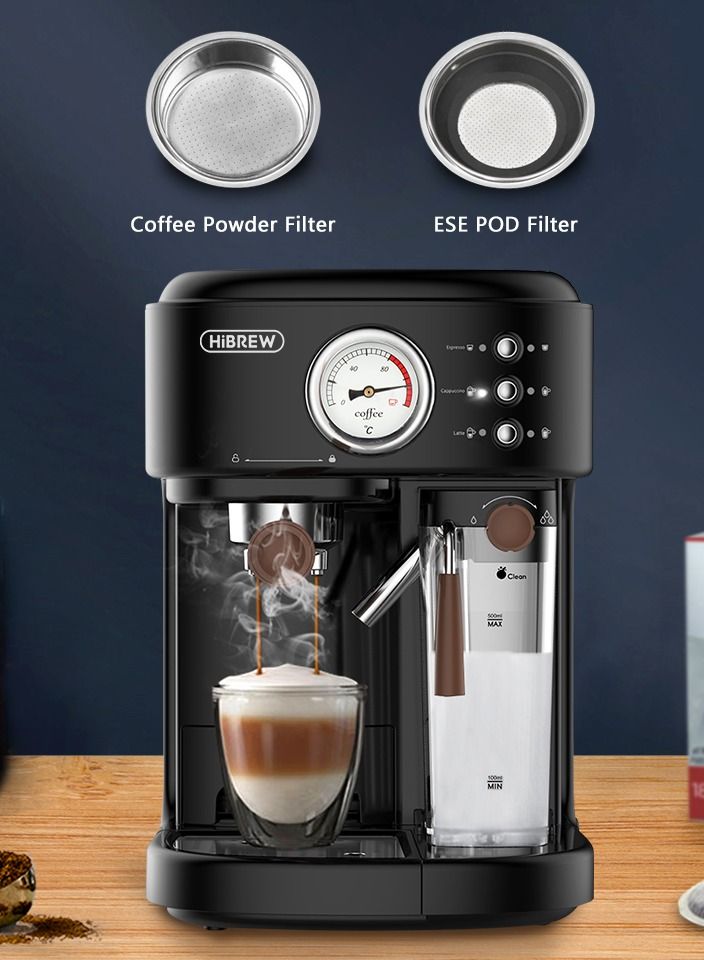 HiBREW Fully Automatic Espresso Cappuccino Latte  High Pressure Steam 3 in 1 Coffee Machine Automatic Hot Milk Froth ESE Pod And Ground Coffee H8A