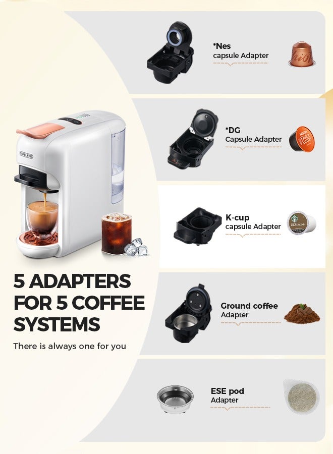 New 5 In 1 Automatic Capsule Coffee Machine Hot Cold Espresso Coffee Maker With 7 Levels LED Bar Indicator For Nes Capsule DG Capsule Kcup Capsule ESE Pod And Powder 0.6L White