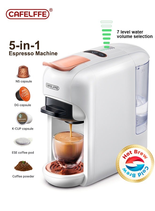 New 5 In 1 Automatic Capsule Coffee Machine Hot Cold Espresso Coffee Maker With 7 Levels LED Bar Indicator For Nes Capsule DG Capsule Kcup Capsule ESE Pod And Powder 0.6L White