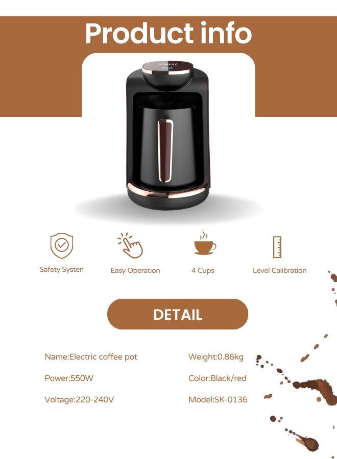 Turkish Coffee Maker,4 Cups,250ml,550W Electric Coffee Pot,Coffee Making Machine