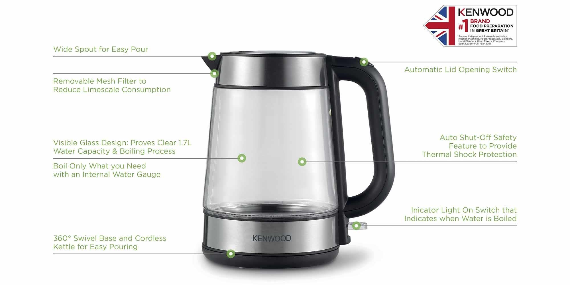 Kettle, Glass, Removable Mesh Filter, 1.7 L 2200 W ZJG08.000CL Glass