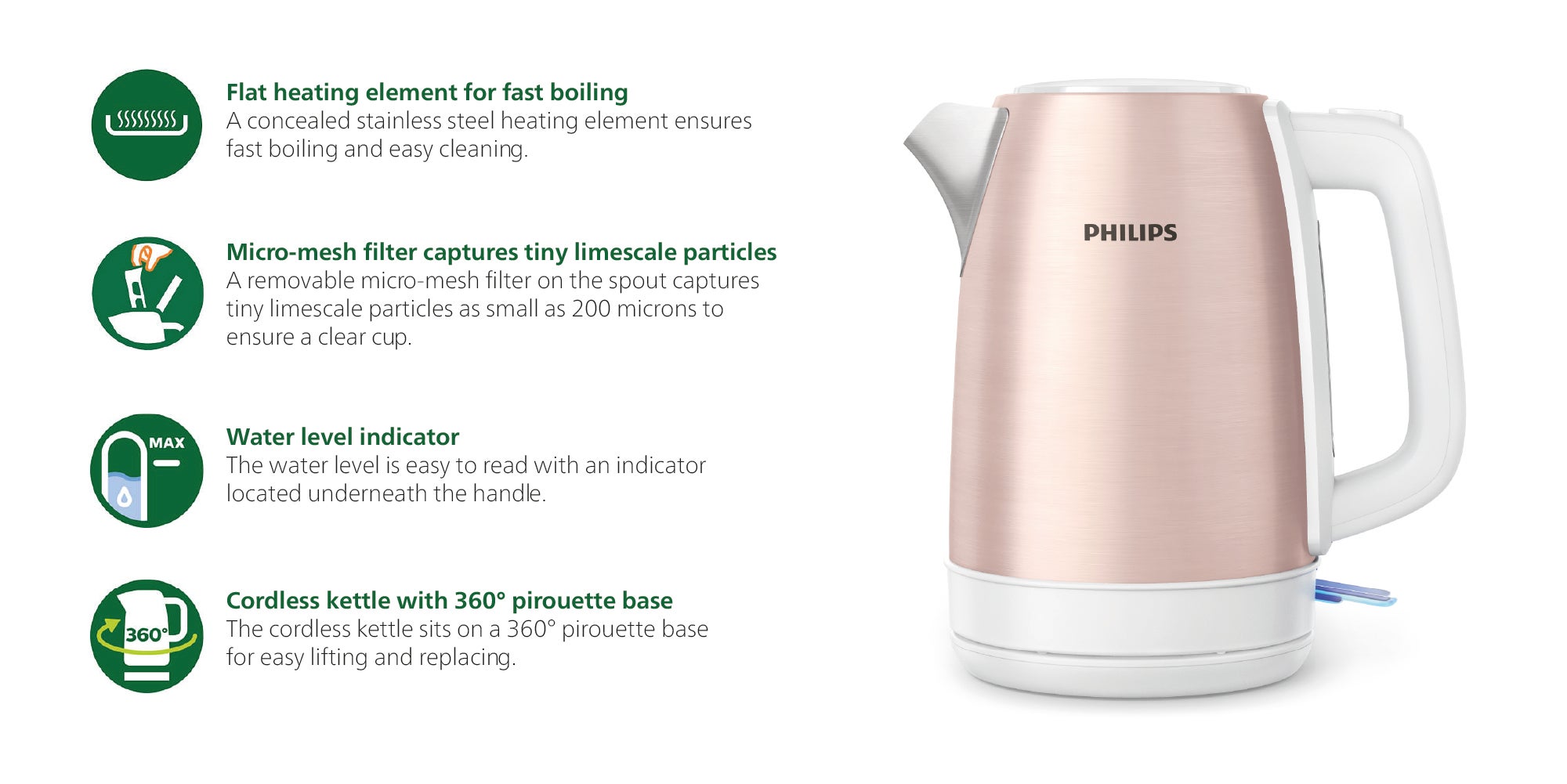 Metal Kettle Daily Collection - Spring Opening, 360° Pirouette Base, 1.7 L 2200 W HD9350/96 Rose Gold