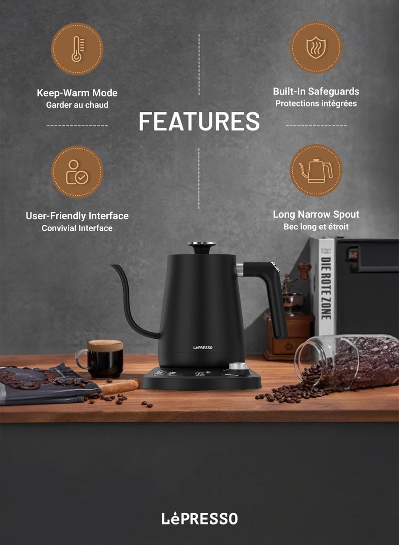 Pour-Over Electric Temperature Controlled Kettle 800mL / Digital Display / Celsius and Fahrenheit / Long Narrow Spout / Built-In Safeguards / Premium Quality / User-Friendly Interface / Keep-Warm Mode- Black