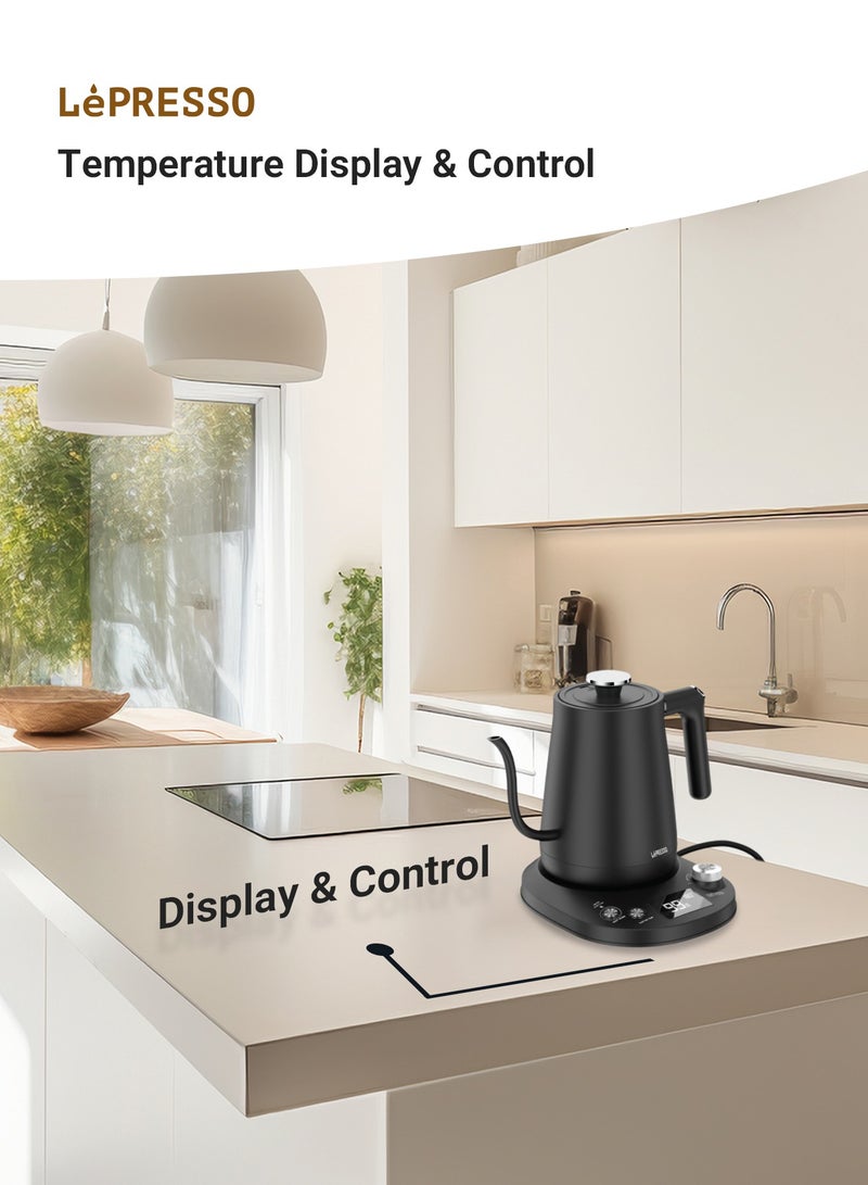 Pour-Over Electric Temperature Controlled Kettle 800mL / Digital Display / Celsius and Fahrenheit / Long Narrow Spout / Built-In Safeguards / Premium Quality / User-Friendly Interface / Keep-Warm Mode- Black