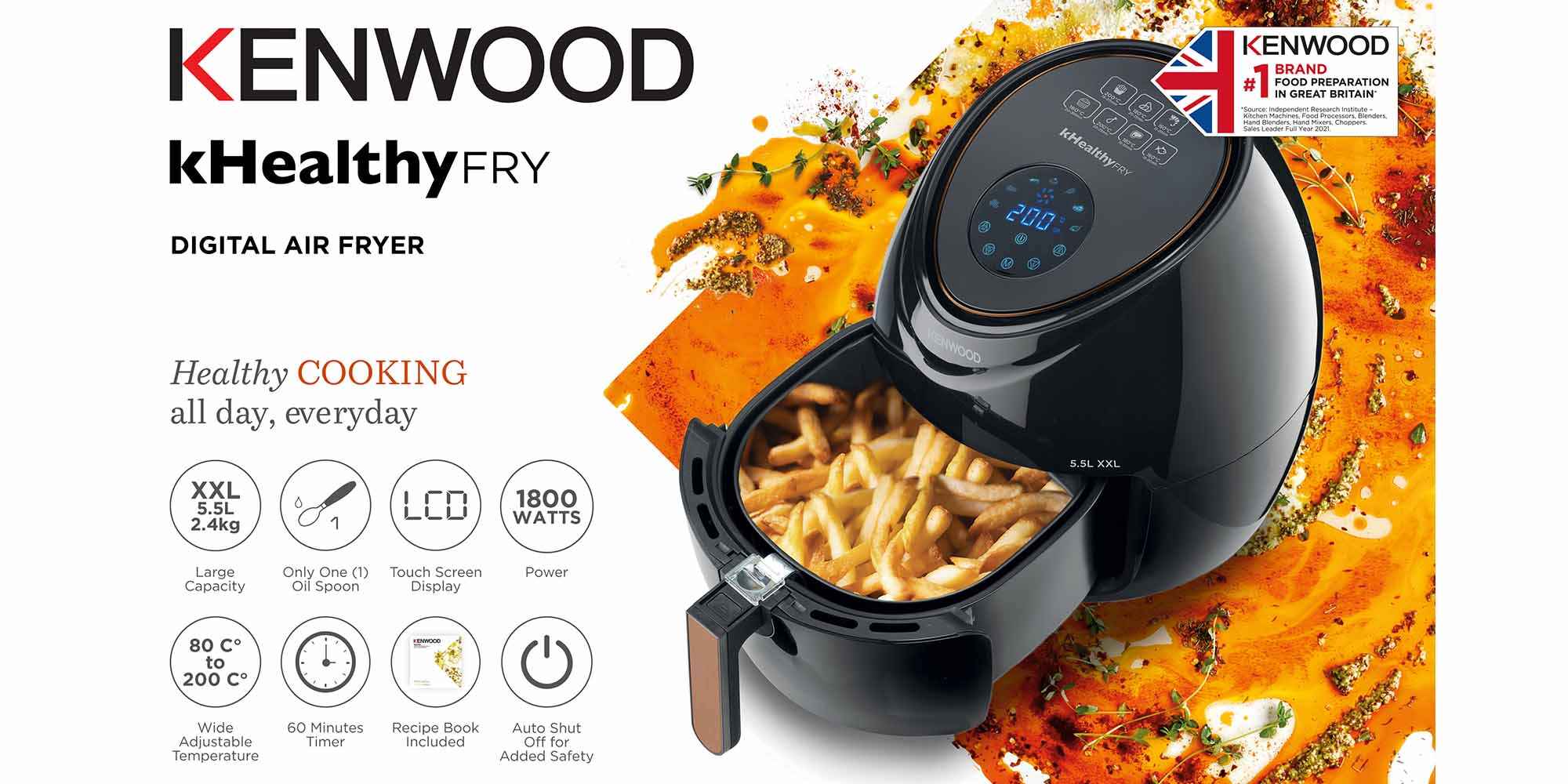 Digital Air Fryer, 2.4Kg, Rapid Hot Air Circulation, 5.5 L 1800 W HFP50.000BK Black