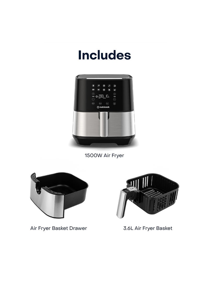 Air Fryer 2 Led One Touch Screen With 10 Presets Preheat Celsius To Fahrenheit Conversion Auto Shut Off And Shake Reminder 3.6 L 1500 W AF204 Stainless Steel