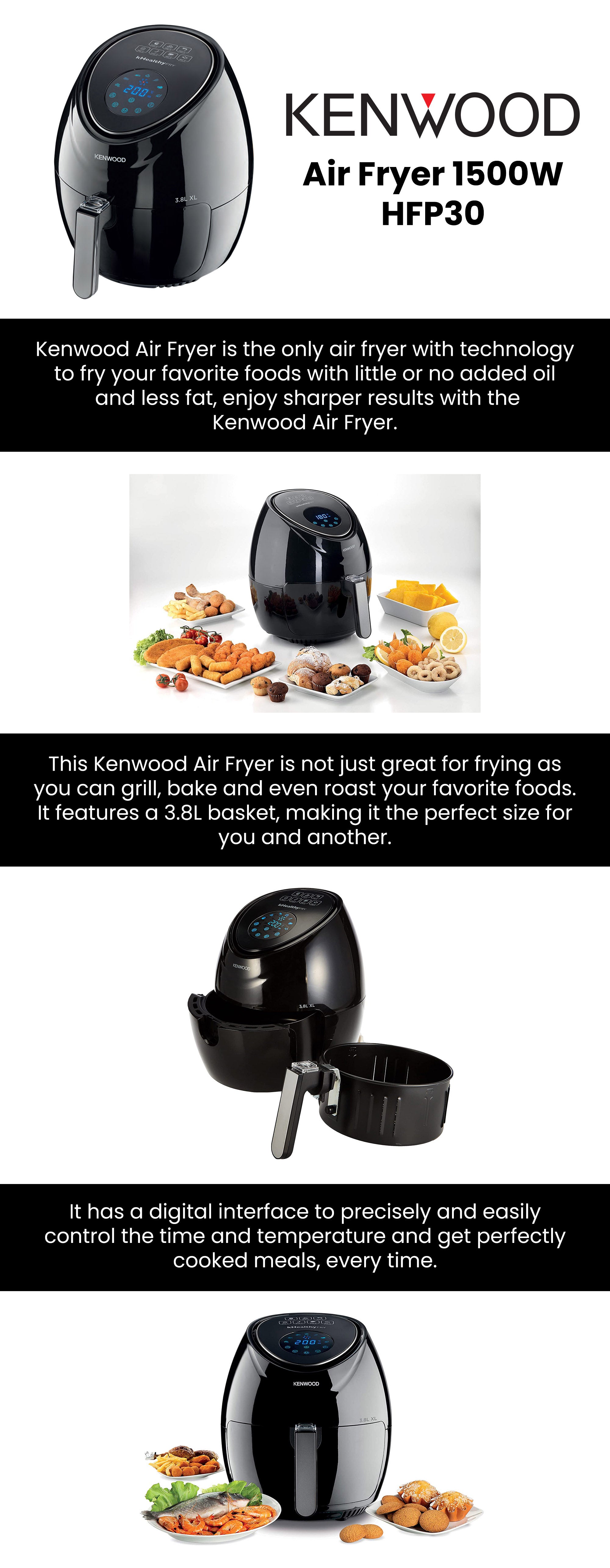 Digital Air Fryer With Rapid Hot Air Circulation For Frying,Grilling,Broiling,Roasting,Baking And ToastingDigital Air Fryer With Rapid Hot Circulation for Frying, Grilling, Broiling, Roasting, Baking And Toasting 3.8 L 1500 W HFP30 Black