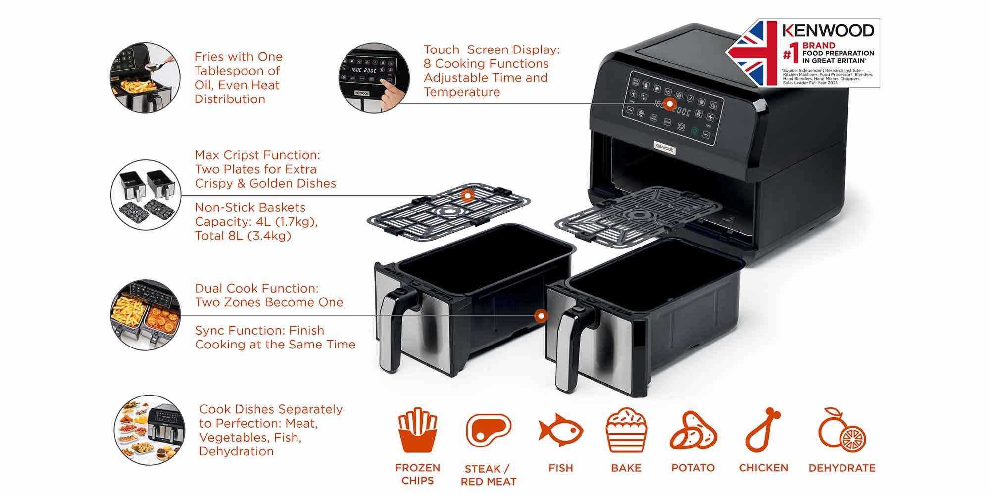 Digital Twin Air Fryer Xxxl 4L+4L 1.7Kg+1.7Kg With Dualzone Technology & Dual Fryin G  220V Supply Voltage And 50Hz 8 L 1700 W HFM75.000MB Black/Silver