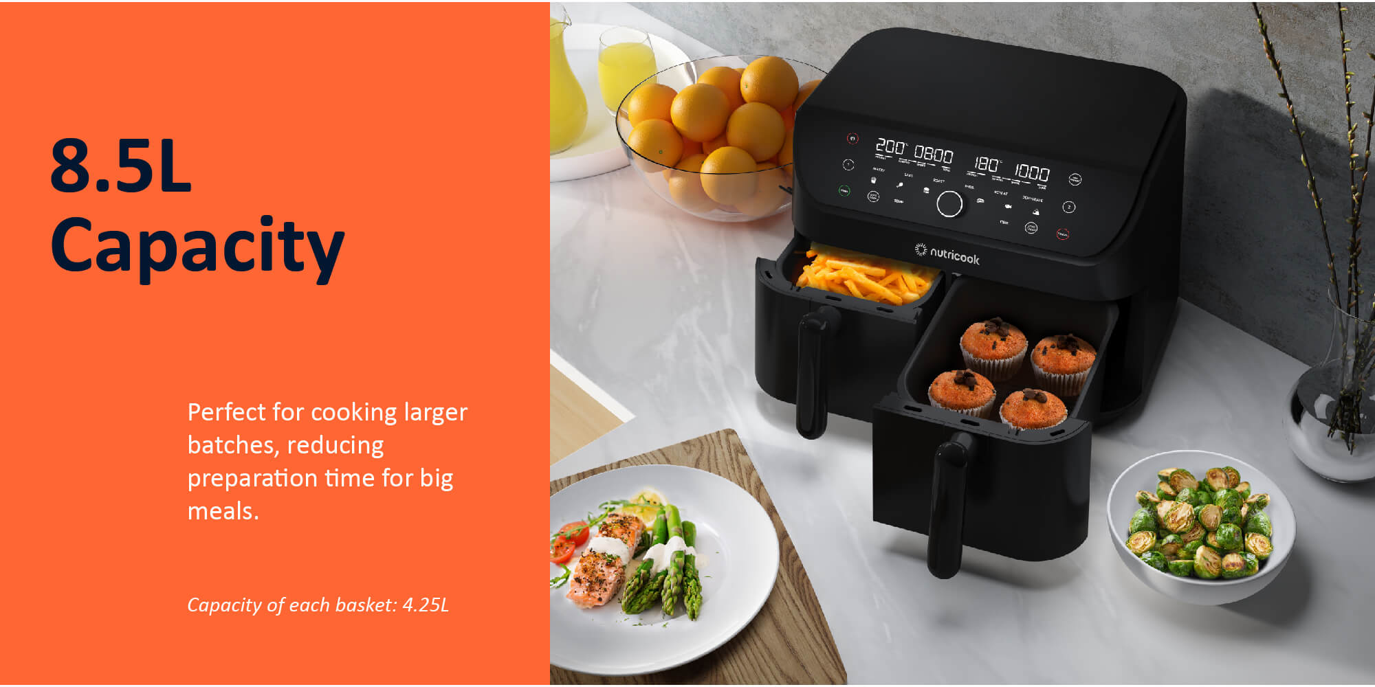 Air Fryer Duo 2 By Caliber Brands, Independently Controlled Dual Baskets, Air Fry, Bake, Roast, Broil, Reheat & Dehydrate, 6 Presets 8.5 L 2400 W AFD185 Black