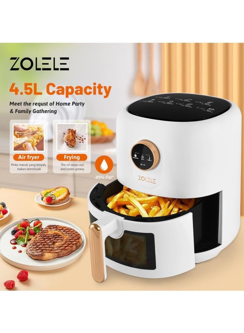 Zolele ZA004 Smart Electric Non Stick Air Fryer, 4.5L Capacity, Transparent Oven, 6 Cooking Modes, Knob Control, 1400W Power, Low Oil Consumption, Fast and Even Heating, White