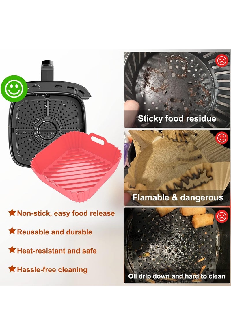 Air Fryer Silicone Liners Square 2 Pack 8.6 Inch Airfryer 4-7 QT Reusable Pot Oven Liner Baking Tray, Basket Mat Bowl Accessories Kitchen