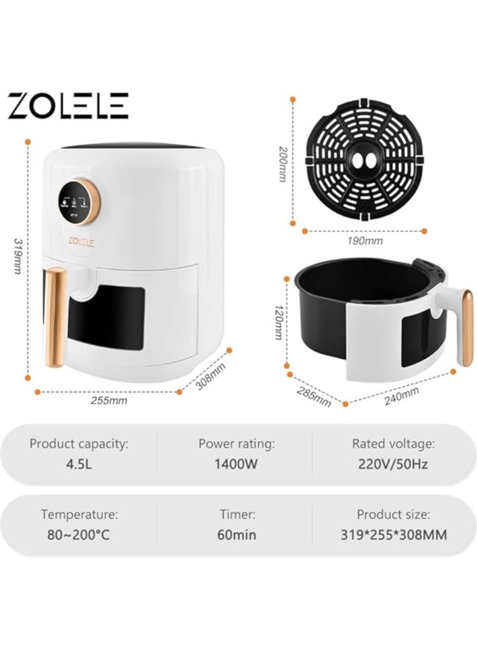 Zolele ZA004 Electric Air Fryer 4.5L Capacity Non-Stick Coating Frying Basket Knob Control Temperature 80-200 Degree Celsius 4D Hot Air Circulation Pull Pan Automatic Power Off s1400W Power - Black