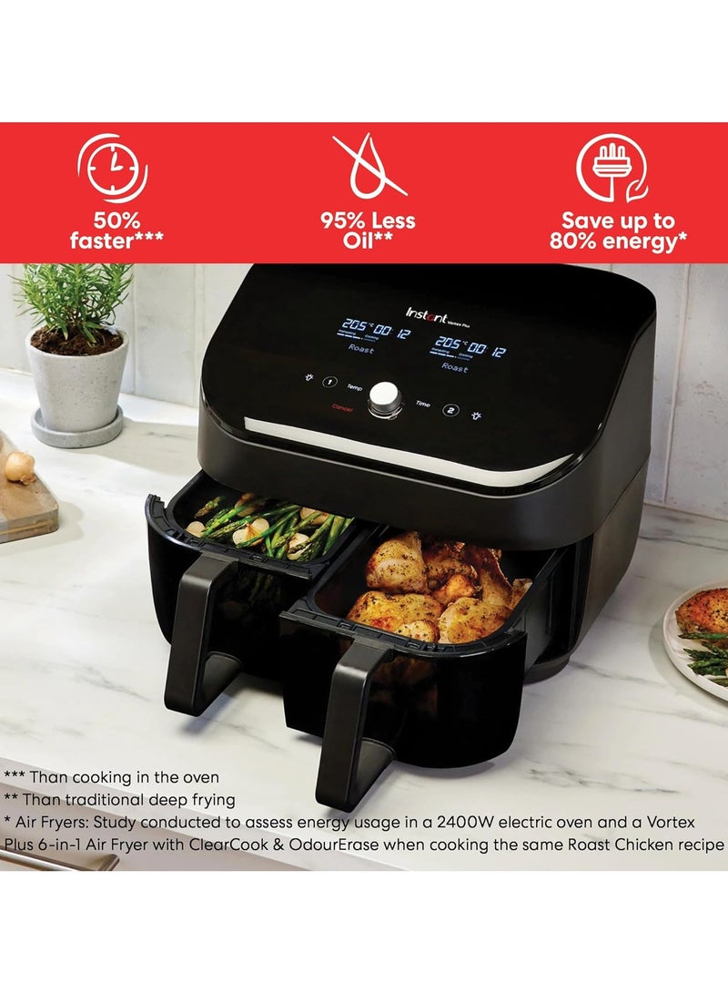 Instant Air Fryer Vortex Plus Double Basket with ClearCook - 7.6 Litre Digital Convection Oven, Black, 8-in-1 Smart Programs - Frying, Baking, Roasting, Grilling, Dehydration, Heating, XL  -1700W