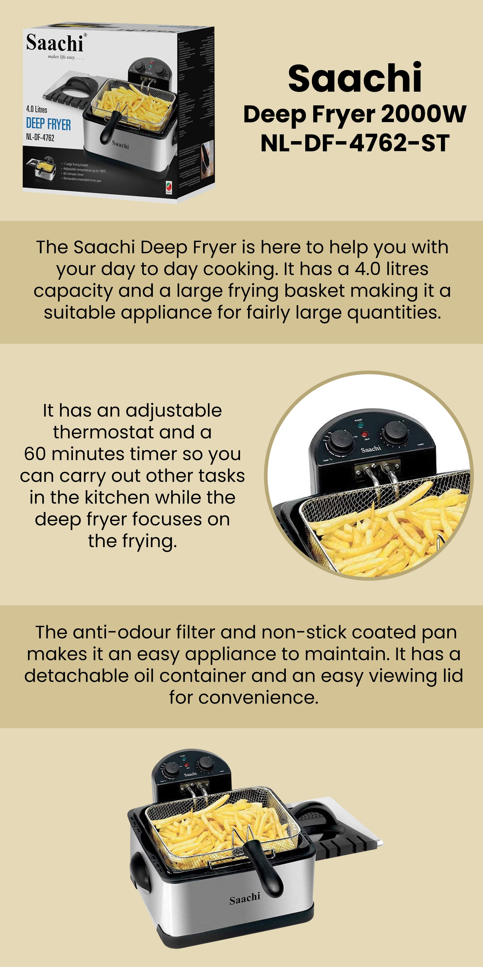 Deep Fryer with Stainless Steel Body, Removable Inner Pan, Adjustable Timer and Temperature Control 4 L 2000 W NL-DF-4762-ST Silver/Black