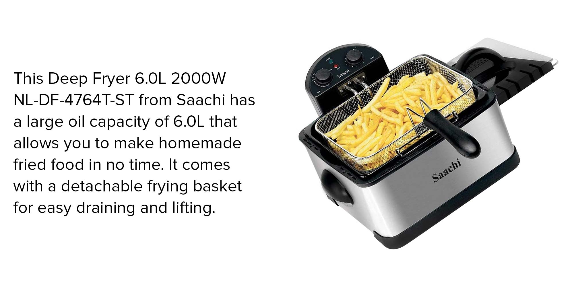 Deep Fryer with Stainless Steel Body, Removable Inner Pan, Adjustable Timer and Temperature Control 6 L 2000 W NL-DF-4764T-ST Steel