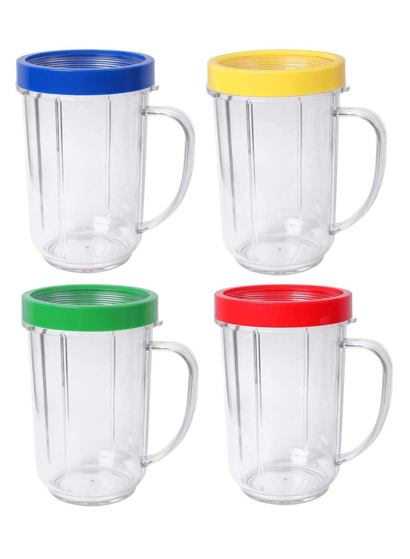 16oz Bullet Cups Compatible with Magic Bullet Blender 250W MB-1001, Includes Colored Lip Rings, Pack of 4