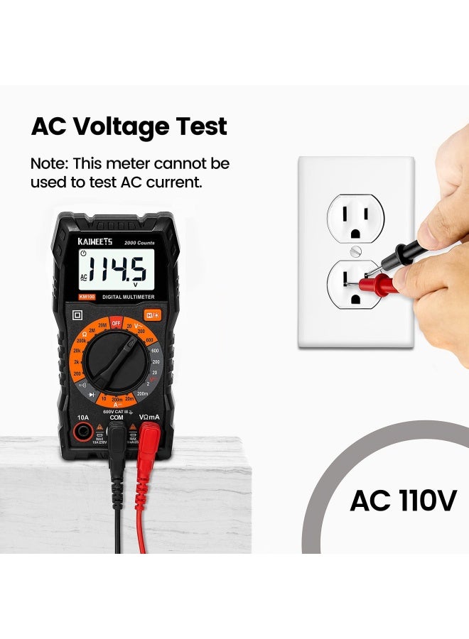 Kaiweets Km100 Digital Multimeter  Ac Dc Voltmeter  10A Dc Current Meter With 2 Fuses  Ohm Volt Amp Test Meter  Continuity Diode Voltage Tester For Household Outlet  Automotive Battery Test With Case