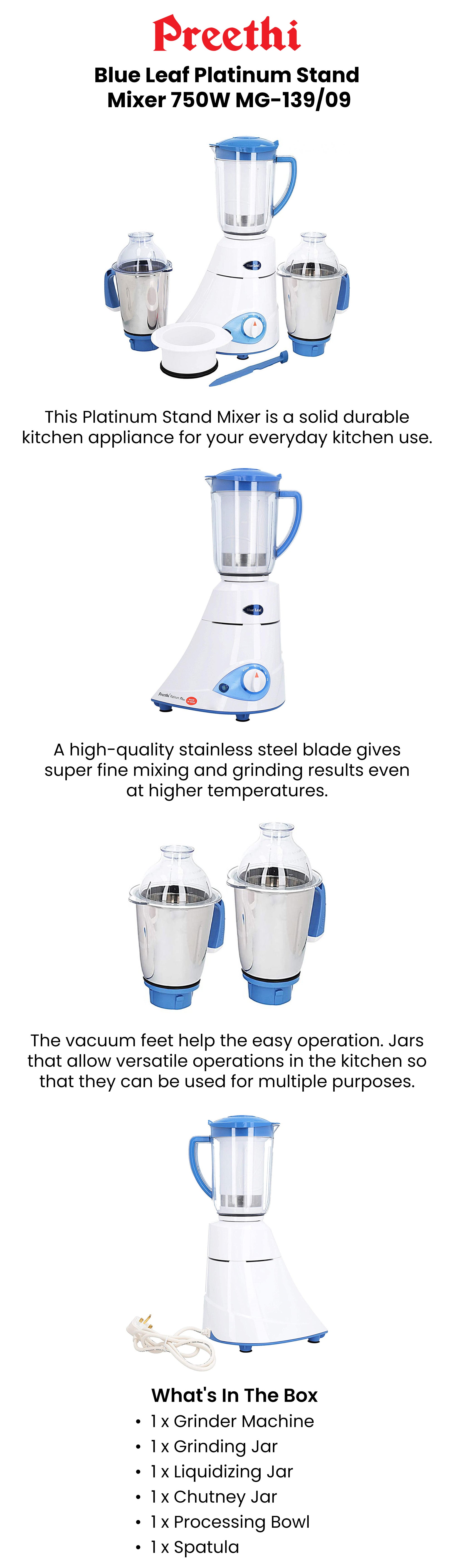 Blue Leaf Platinum Mixer Grinder 750.0 W | Multifunctional Grinder with Stainless Steel Jars & Blades 750 W MG-139/09 White/Blue/Clear