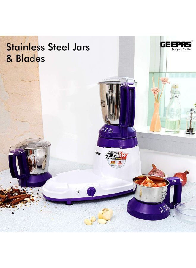 Multifunctional Mixer Grinder Stainless Steel Jars with Lockable Lid Perfect for Dry and Wet Fine Grinding  3 Speed powerful motor 1.5 L 750 W GSB44067 White/Purple/Silver