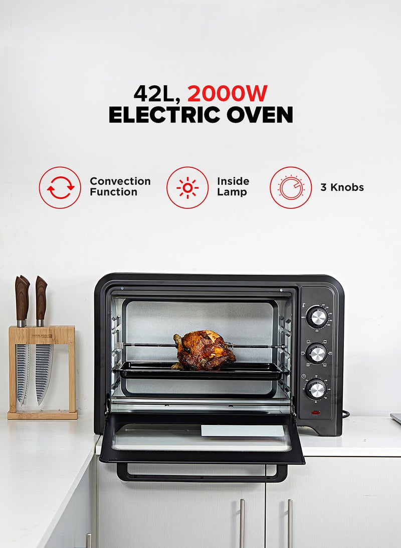 42 L Electric Oven- G04450| Convection And Rotisserie Function, Perfect For Grilling, Toasting And Roasting| 3 Knobs And Temperature 100-250-Degrees Celsius| 60 Minute Timer With Bell| 2000W And 4 Piece Stainless Steel Heaters 42 L 2000 W GO4450 Black