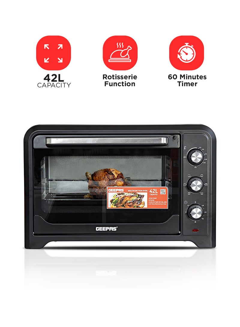 42 L Electric Oven- G04450| Convection And Rotisserie Function, Perfect For Grilling, Toasting And Roasting| 3 Knobs And Temperature 100-250-Degrees Celsius| 60 Minute Timer With Bell| 2000W And 4 Piece Stainless Steel Heaters 42 L 2000 W GO4450 Black