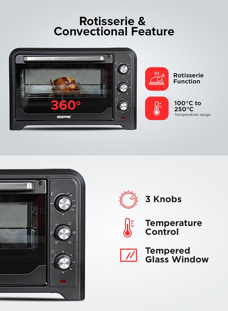 42 L Electric Oven- G04450| Convection And Rotisserie Function, Perfect For Grilling, Toasting And Roasting| 3 Knobs And Temperature 100-250-Degrees Celsius| 60 Minute Timer With Bell| 2000W And 4 Piece Stainless Steel Heaters 42 L 2000 W GO4450 Black