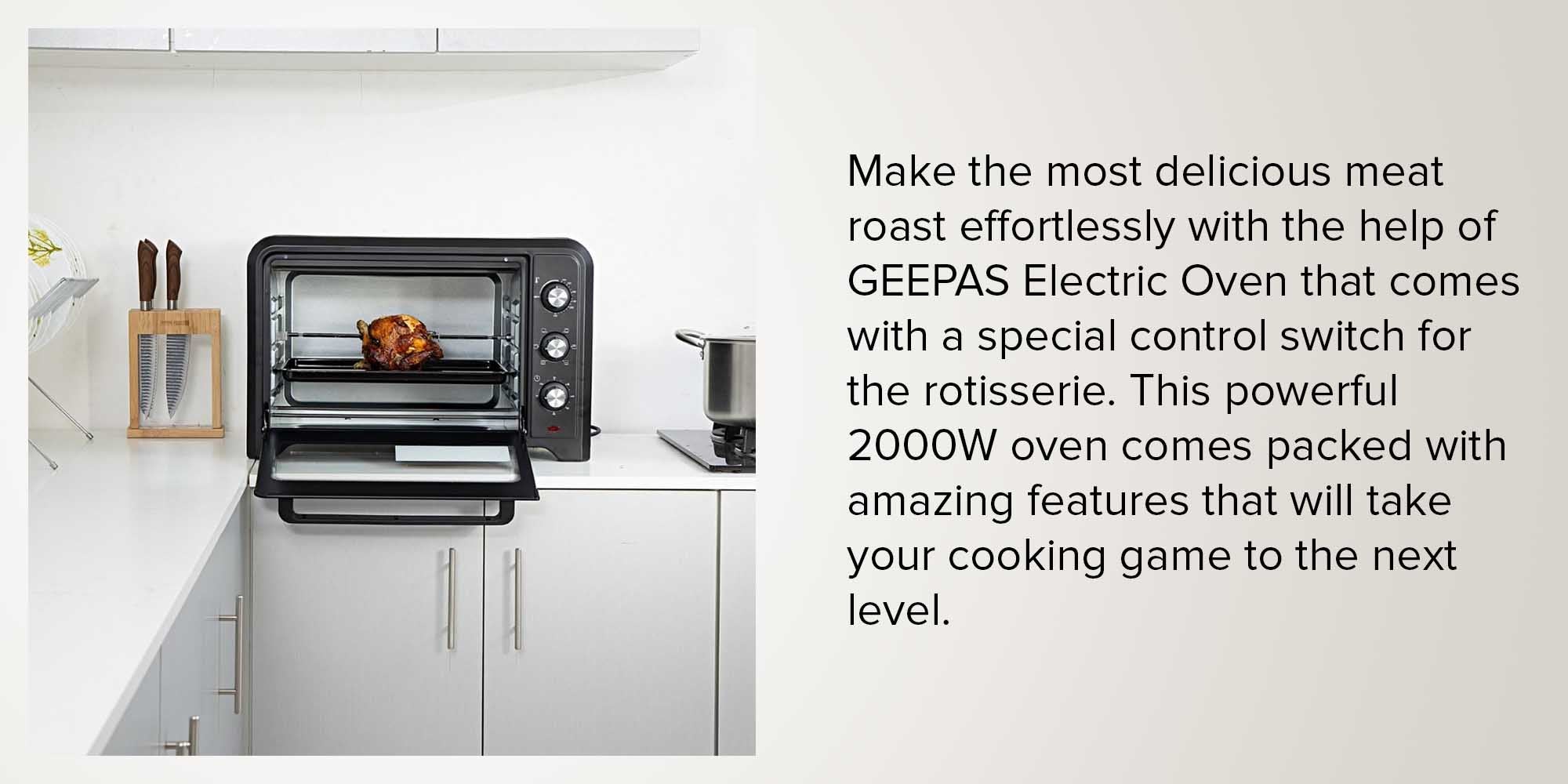 42 L Electric Oven- G04450| Convection And Rotisserie Function, Perfect For Grilling, Toasting And Roasting| 3 Knobs And Temperature 100-250-Degrees Celsius| 60 Minute Timer With Bell| 2000W And 4 Piece Stainless Steel Heaters 42 L 2000 W GO4450 Black