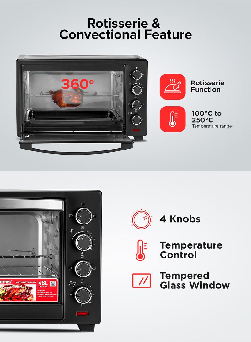 Electric Oven With Convection and Rotisserie Function 4 Knobs and Temperature 100-250-Degrees Celsius, 60 Minute Timer with Bell, Perfect for Grilling, Toasting and Roasting 48 L 2000 W GO4451N Black