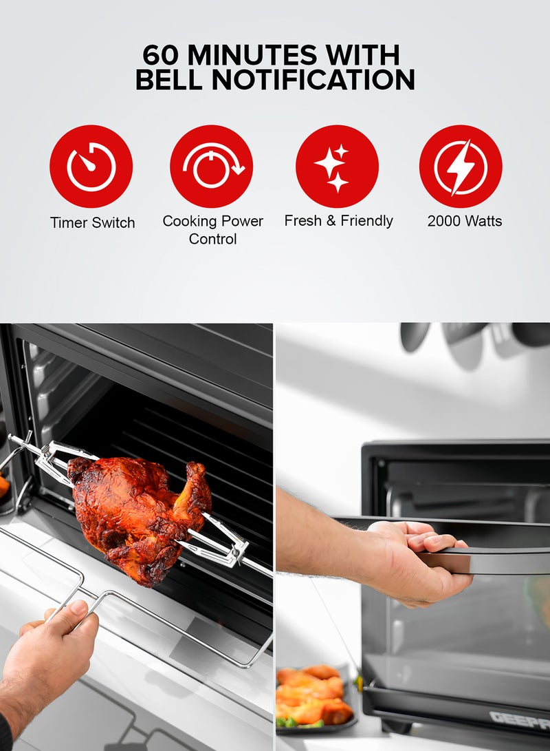 Electric Oven With Convection and Rotisserie Function 4 Knobs and Temperature 100-250-Degrees Celsius, 60 Minute Timer with Bell, Perfect for Grilling, Toasting and Roasting 48 L 2000 W GO4451N Black