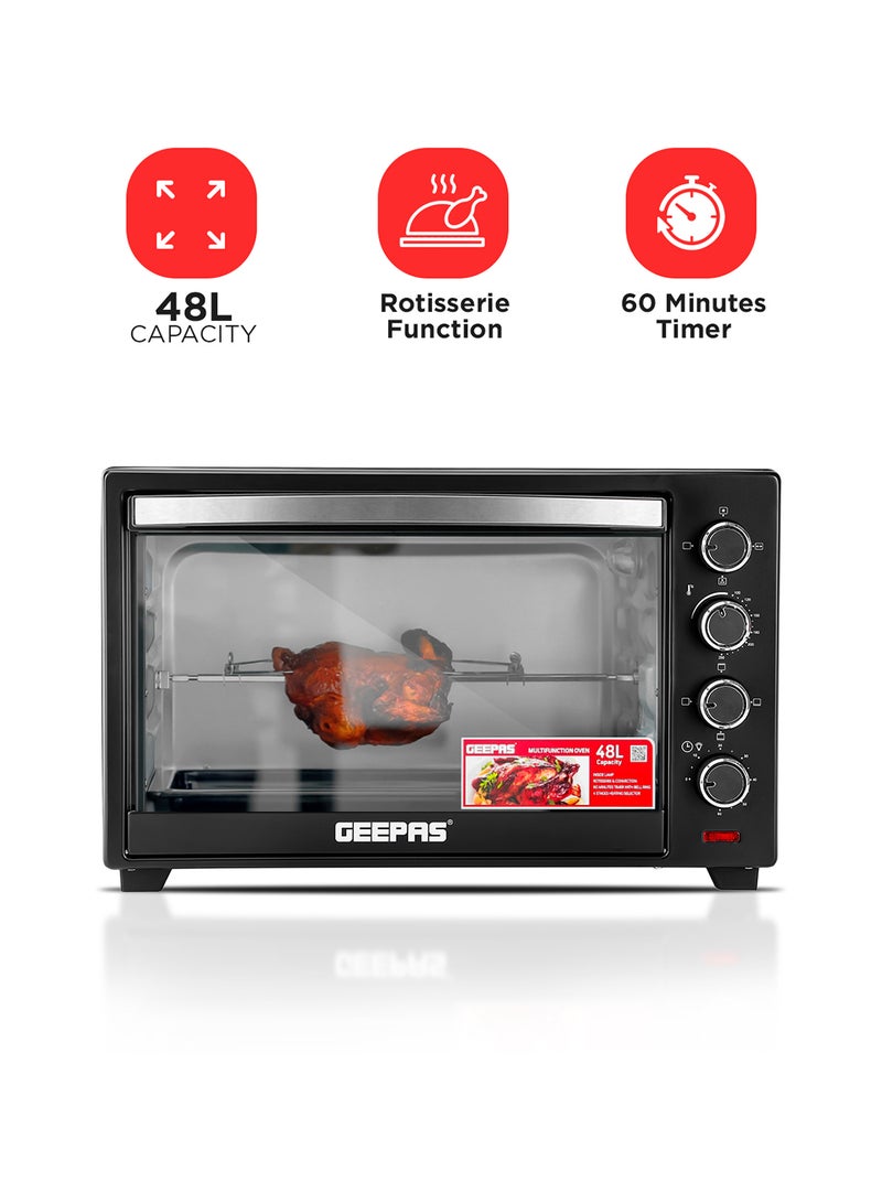 Electric Oven With Convection and Rotisserie Function 4 Knobs and Temperature 100-250-Degrees Celsius, 60 Minute Timer with Bell, Perfect for Grilling, Toasting and Roasting 48 L 2000 W GO4451N Black