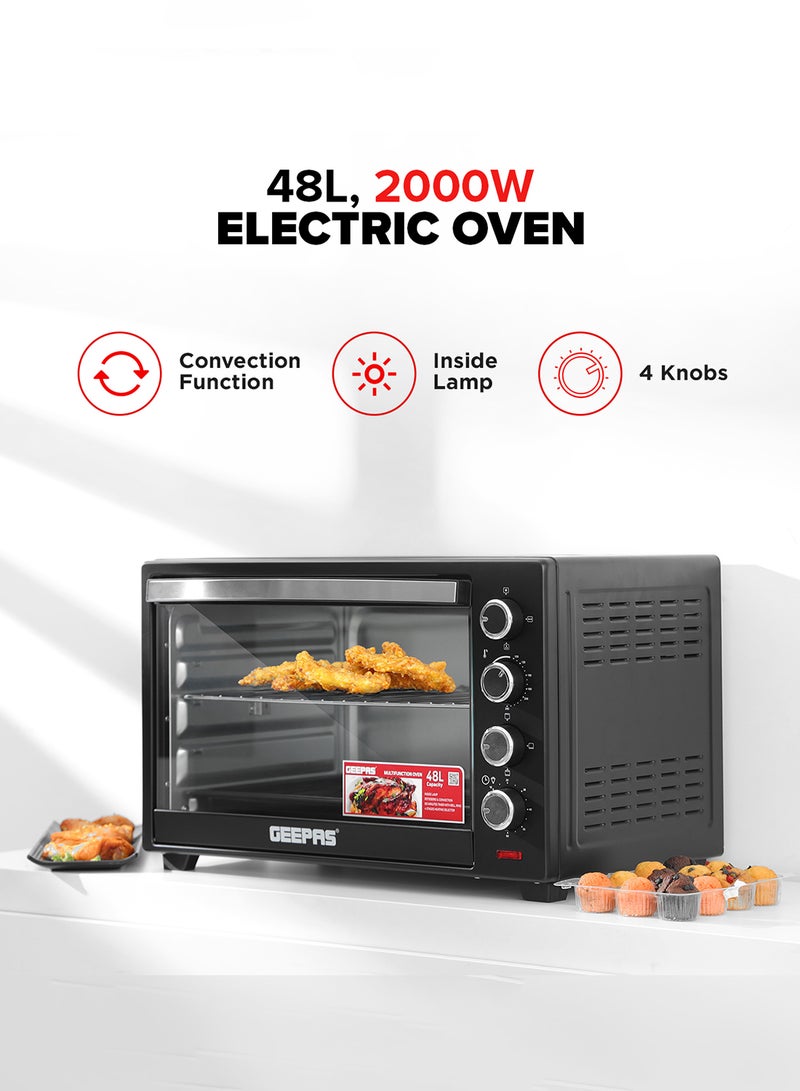 Electric Oven With Convection and Rotisserie Function 4 Knobs and Temperature 100-250-Degrees Celsius, 60 Minute Timer with Bell, Perfect for Grilling, Toasting and Roasting 48 L 2000 W GO4451N Black