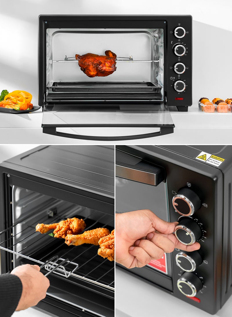 Electric Oven With Convection and Rotisserie Function 4 Knobs and Temperature 100-250-Degrees Celsius, 60 Minute Timer with Bell, Perfect for Grilling, Toasting and Roasting 48 L 2000 W GO4451N Black