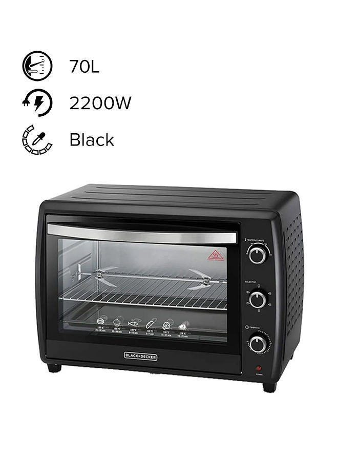 Toaster Oven, Adjustable 90-230°C Thermostat, Double Grill with Convection, Glass Door for Safety, Rotisserie Function, Anti-Rust Stainless Steel Interior, 70 L 2200 W TRO70RDG-B5 Black