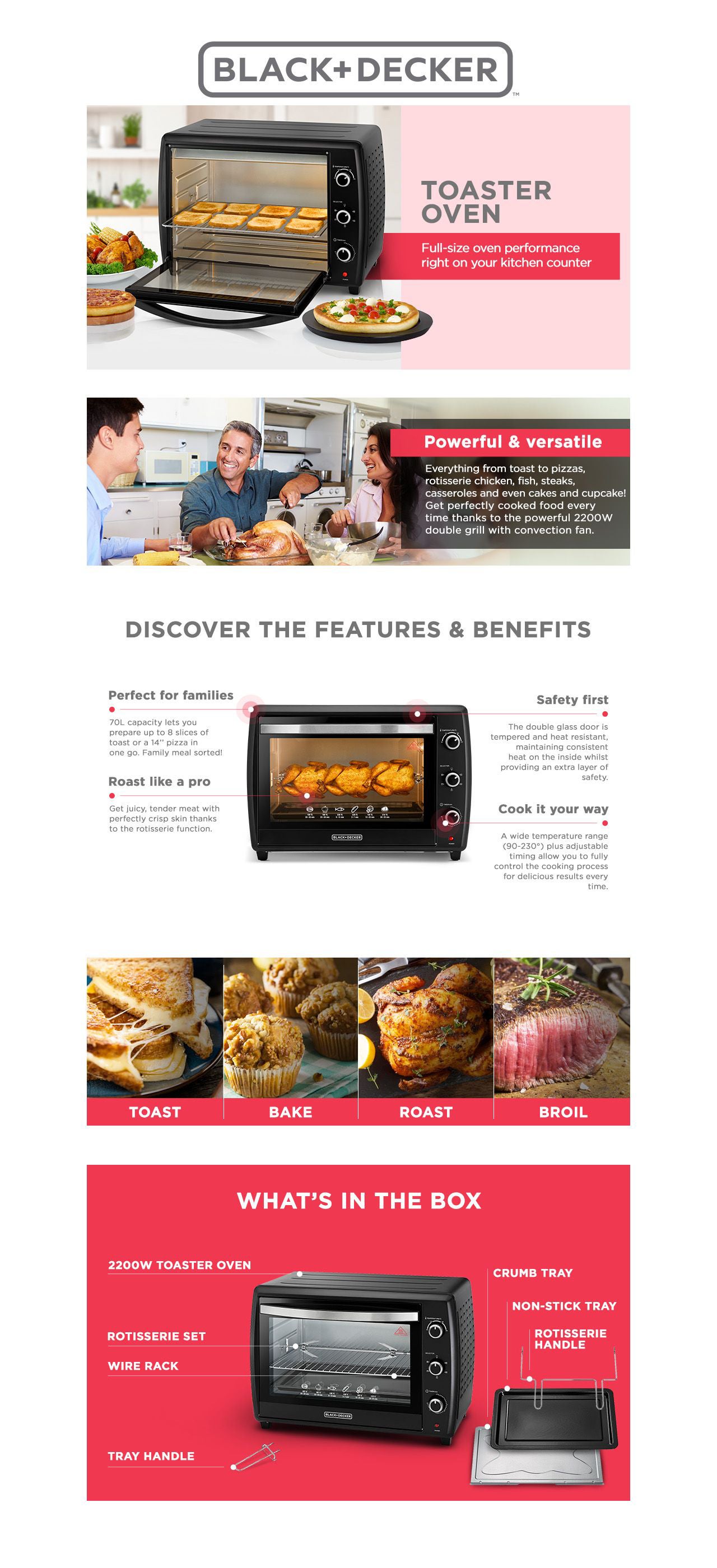 Toaster Oven, Adjustable 90-230°C Thermostat, Double Grill with Convection, Glass Door for Safety, Rotisserie Function, Anti-Rust Stainless Steel Interior, 70 L 2200 W TRO70RDG-B5 Black